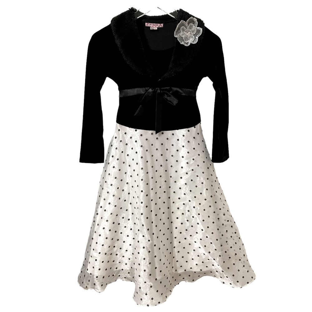 My Michelle Sz 10 Girls Polka Dot Black White Dress Long Sleeve Faux Fur Jacket
